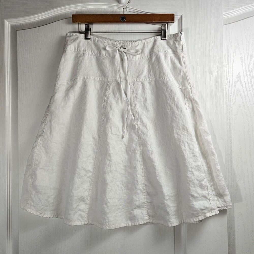 White Linen Circle Skirt Lined Drawstring Women's Large Summer Coastal